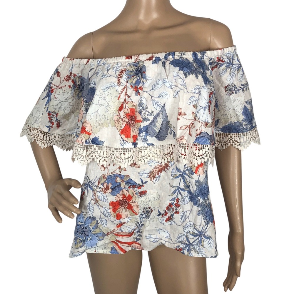 NWT Cupio Linen Blend Floral Print Lace Trim Off Shoulder Top Size M Beachy Boho